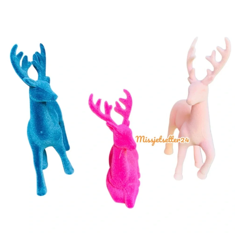 3 Target Flocked Deer Blue, Light Pink and Fuchsia Modern Christmas Decor EUC